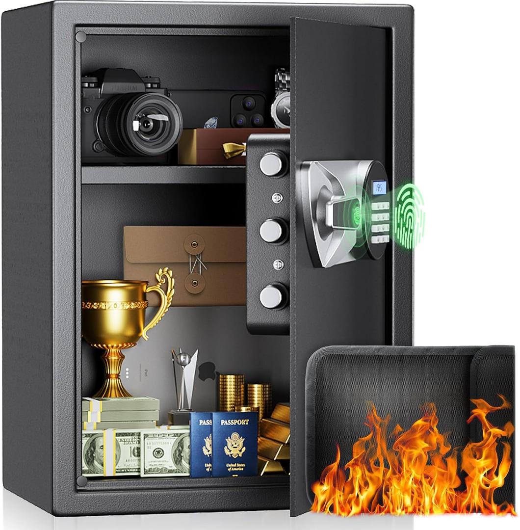 BlackSmith Large Home Safe Box 2.0 Cub Biometric Safe Fingerprint Recogntion Lock Box with Removable Shelf LED Light Fireproof Bag Wall Mount Cabinet Safe for Home Office Hotel, Black