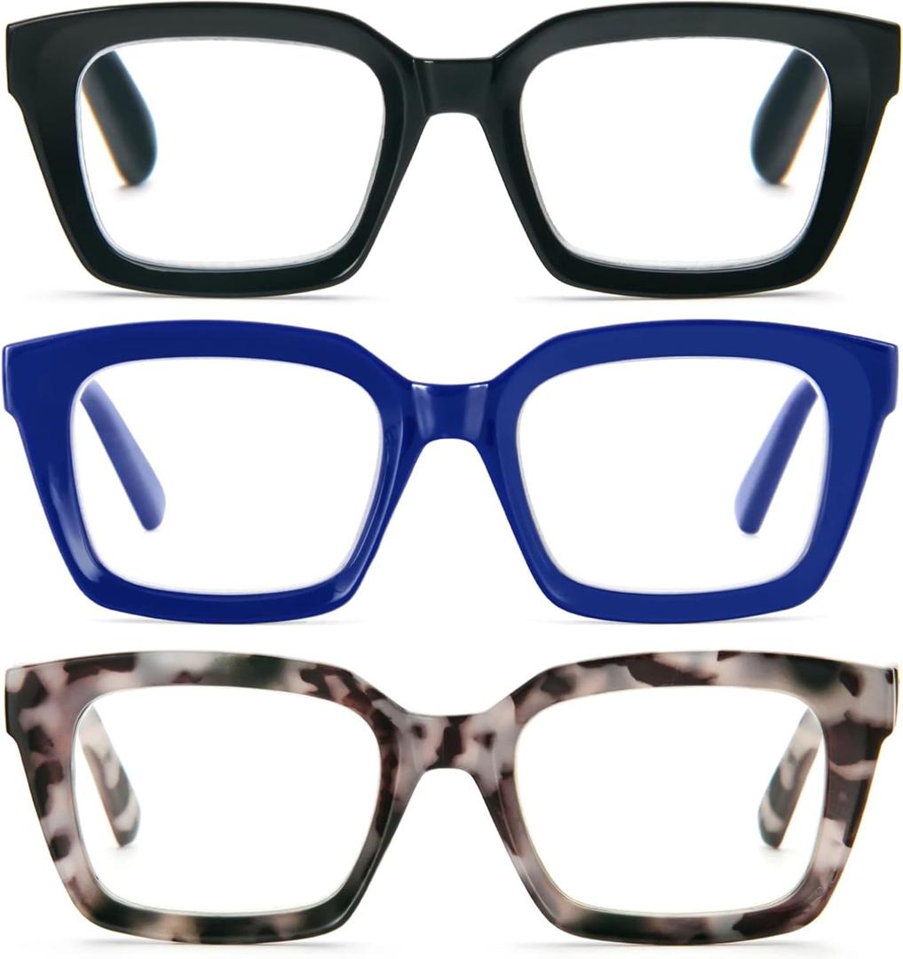 REAVEE 3 Pack Oversized Reading Glasses for Women Men Blue Light Blocking, Ladies Stylish RetroSquare Large Computer Readers (Black Blue Grey Leopard 1.75x)