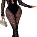 WEICHUJIAN Womens Sexy Mesh Rhinestone Jumpsuit Hollow Lace One Piece Bodysuit Long Sleeve Club Party Outfits (Small-Medium, Black)