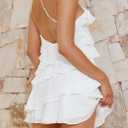 Womens 2025 Summer Sleeveless Mini Dress Backeless Solid Color One Shoulder Ruffle Tiered Layered A Line Sun Dresses (White, M)