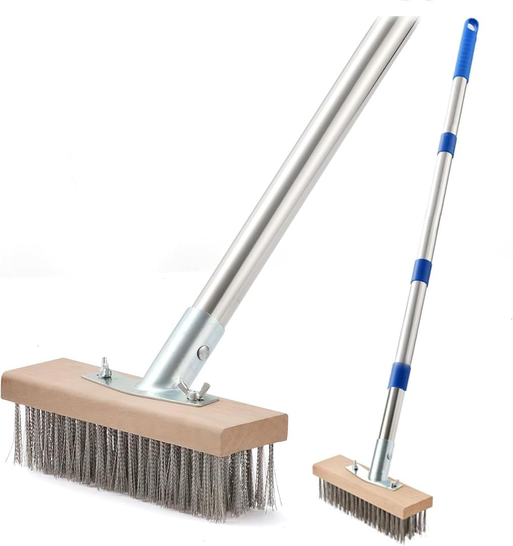 MAXMAN Stainless Steel Wire Scrub Brush with Long Handle, 63" Heavy Duty Large Wire Brush, Stiff Metal Bristle Floor Scrubber, Outdoor Patio Cleaning, Wire Broom for Deck, Concrete, Moss Removal (With 1PC 8-inch brush head)