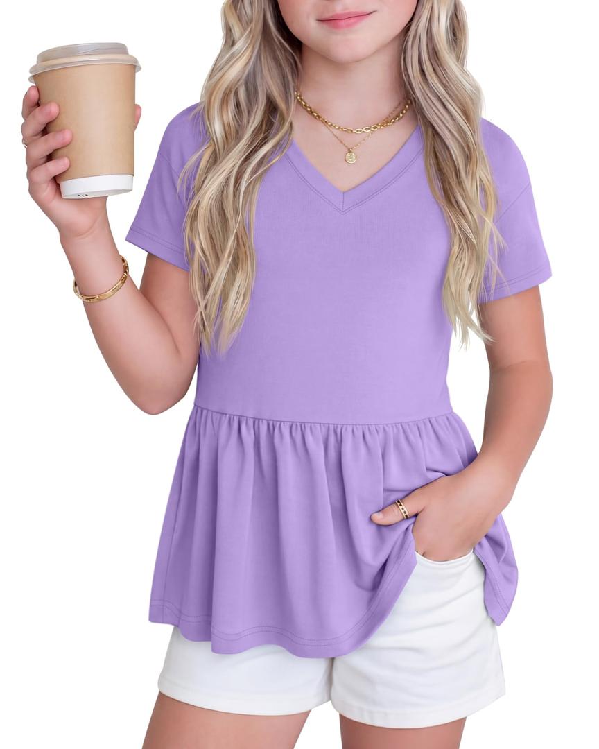 LessonZoo Girl's Short Sleeve Tops Causal Kids Peplum Babydoll Tunic Tees Ruffle Hem Summer Blouses Size 4-15 Years(Taro Purple,7-8 Years)