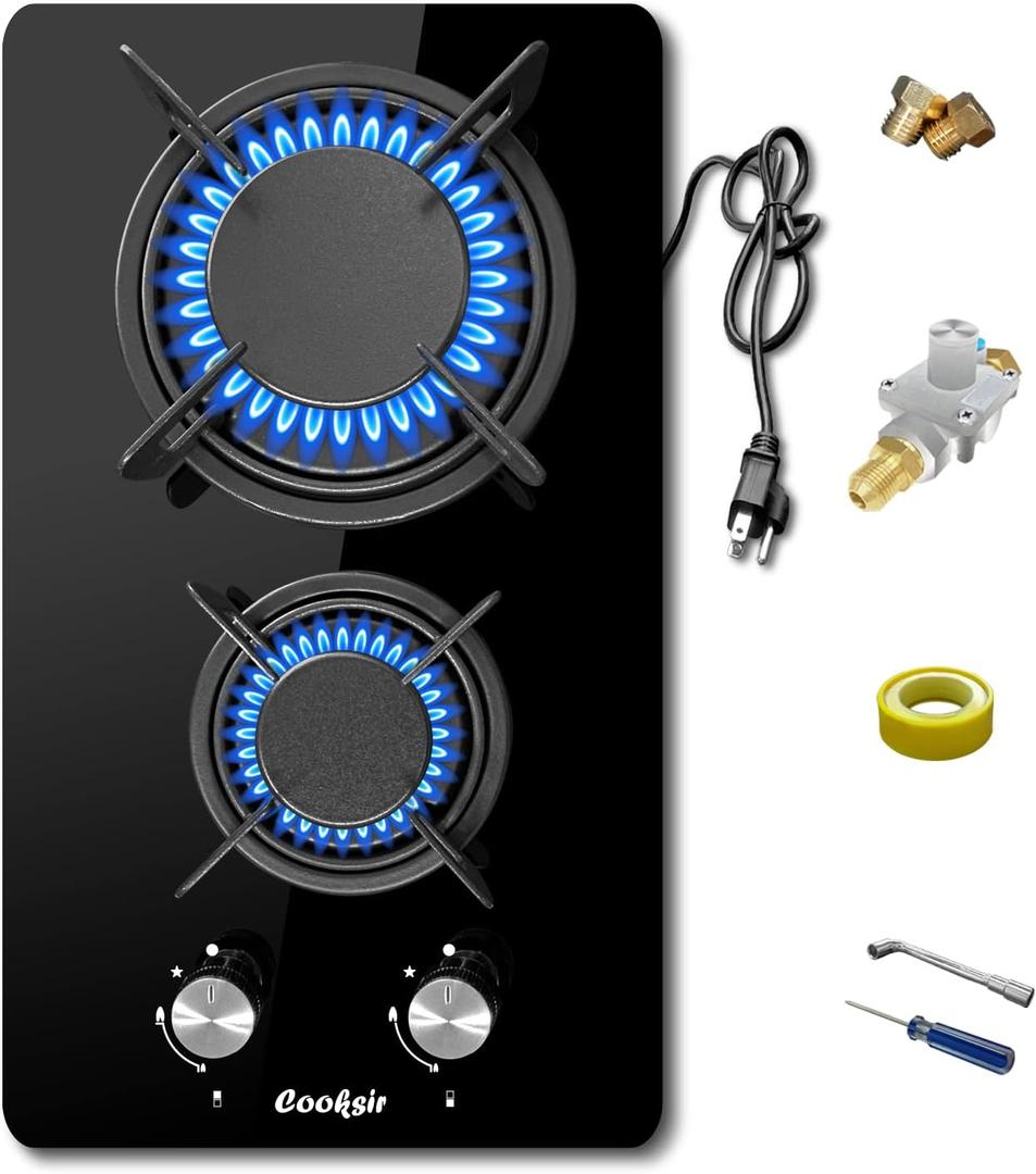 12 inch Gas Stove, 2 Burners Propane Cooktop Bulit-in, Indoor Cooktop Suitable for Dual Fuel LPG/NG, Tempered Glass Gas Stove Top for Kitchen, Apartment, Indoor, 110-120V Plug in