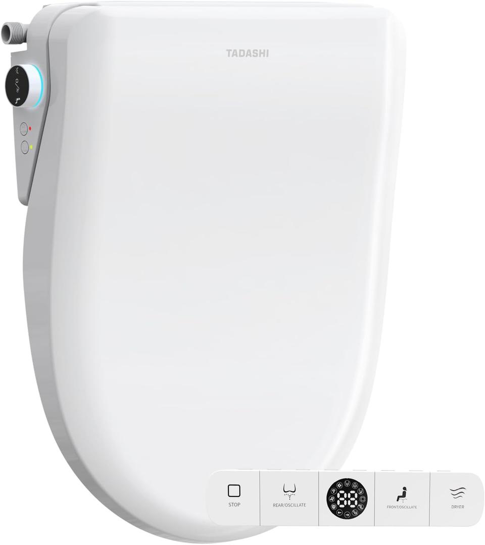 Tadashi Electric Bidet Toilet Seat Elongated, Wireless Remote & Side Panel, Instant Warm Water, Feminine & Rear Wash, Self‑Clean Nozzle, Adjustable Heated Seat, Air Dryer, Slow Close Lid