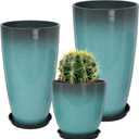 Neoaider 24/21/12 Inch Large Plastic Planter, Lightweight Ceramic-Look Tall Planters with Drain Hole & Saucers, Tall Plastic Planters for Porch, Garden, Patio, Balcony(Sky Blue)