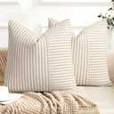 Farmhouse Pillow Covers 18x18, Modern Accent Square Throw Pillow Covers Set of 2, Khaki and Beige Striped Patchwork Linen Decorative Pillows Cushion Covers for Couch Chair Bedroom Fall Decorations