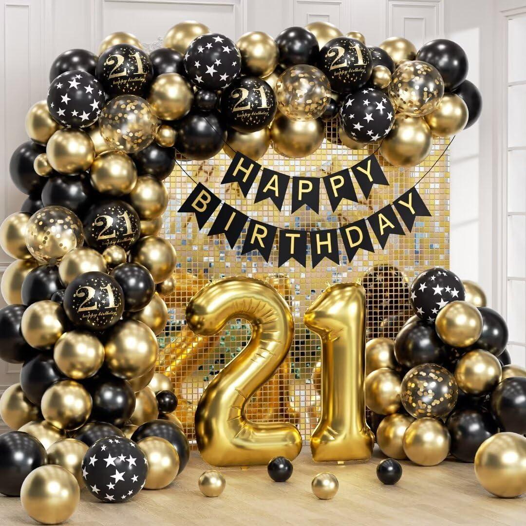 Anjerlfu 21st Birthday Decorations for Him Her with Happy 21st Birthday Decorations Banner 21 Balloon Number, Black and Gold 21st Birthday Balloons Kit for 21st Birthday Party Decorations