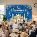 2 x Blue Ramadan Decorations Banner Muslim Ramadan Kareem Banner Decorations Ramadan Mubarak Photography Backdrop for Muslim Home Eid Al Fitr Party 5.9x3.6Ft
