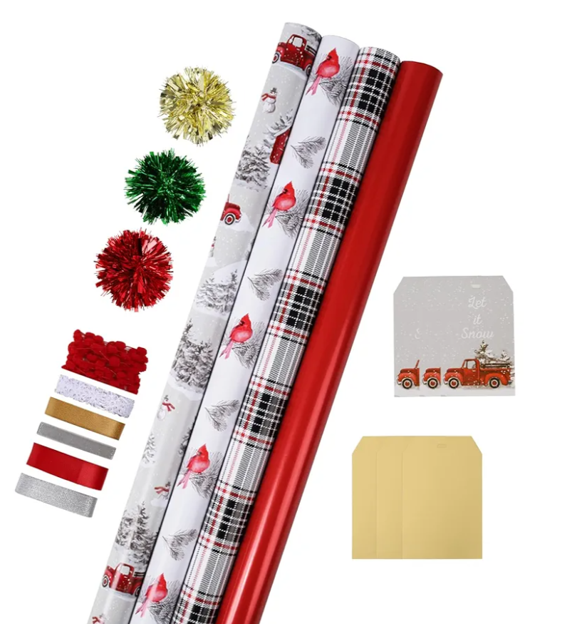 LaRibbons Christmas Wrapping Paper Sets, Classic Reindeer & Plaid Design With Ribbons & Gift Tags & Metallic Pom Pom, Perfect for Xmas, Holiday Party, 30Inch × 10Feet（ 4 Rolls: 100 Sq.Ft.Ttl）
