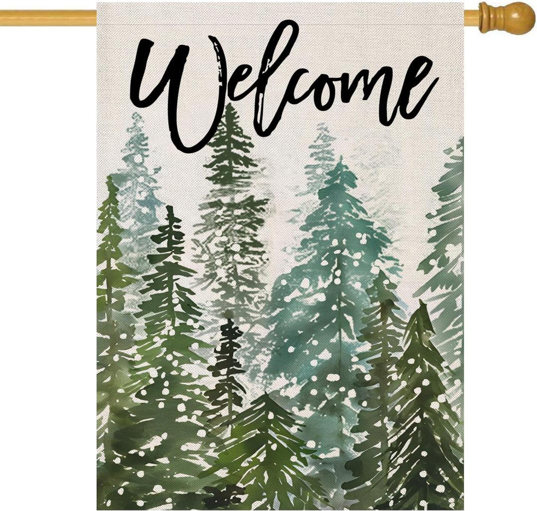 EKOREST Welcome Winter House Flags for Outdoor Decoration, Christmas Watercolor Forest Large Yard Flag, Decorative Xmas Seasonal Farmhouse Holiday Outside Decor 28x40 Inch Vertical Double Sided
