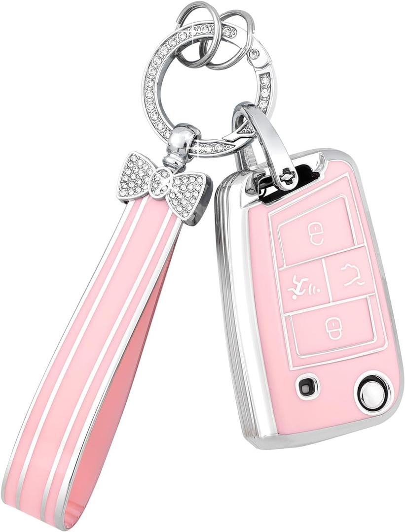 PIFOOG Key Fob Cover for Volkswagen VW Tiguan Jetta Golf GTI Altas S Pink 4 Button Car Keys Case Shell Full Covers Accessories Bling Keychain Protector Girly Women TPU