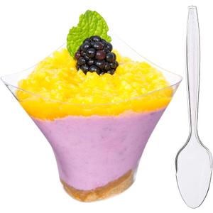 DLux 50 x 5 oz Mini Dessert Cups with Spoons, Large Swirl - Clear Parfait Appetizer Cup - Small Reusable Serving Bowl for Tasting Party Desserts Appetizers - With Recipe Ebook