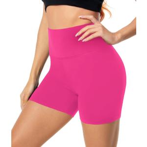 FULLSOFT High Waisted Biker Shorts for Women-5" Tummy Control Fitness Athletic Workout Running Yoga Gym Soft Shorts (Rose Red,Large-X-Large)
