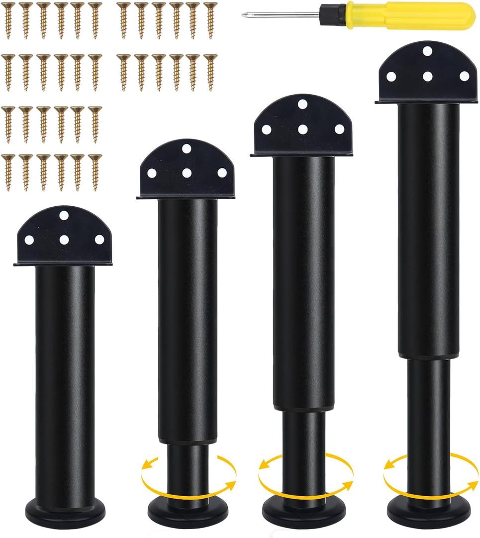 4 Pcs Adjustable L-Shaped Furniture Feet, 7-12.2 Inch Metal Furniture Replacement Legs, Black Furniture Risers with Screwdriver, Support Legs for Bed/Sofa/Cabinet/Dresser/Table (4)
