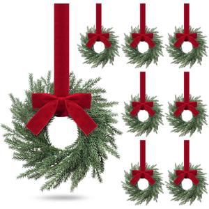 8 Pcs Small Christmas Norfolk Wreaths Evergreen 12.6 Inch Christmas Kitchen Cabinet Mini Wreaths with Bow and Burgundy Ribbon for Xmas Front Door Window Home Table Pillar Decor