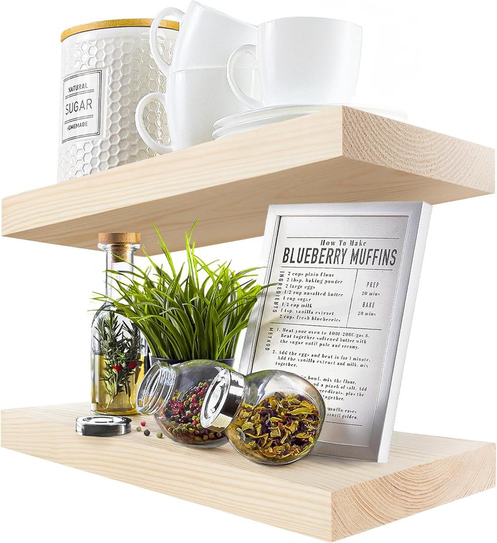BAOBAB WORKSHOP Wood Floating Shelves for Bathroom Wall - Rustic Shelf 16 inch - Floating Wooden Shelves for Bedroom Kitchen Living Room - Natural Wood Shelves - DIY, 16 x 6.7 Inch, Set of 2 (16 Inch, Diy - Unfinished)