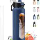 Kodrine Water Bottle With Straw and Carry Handle, Glass Water Bottle 24 oz Leak Proof Locking Lid with Soft Silicone Spout, Reusable Drinking Cups for Travel Sports with Time Marker,Navy Blue