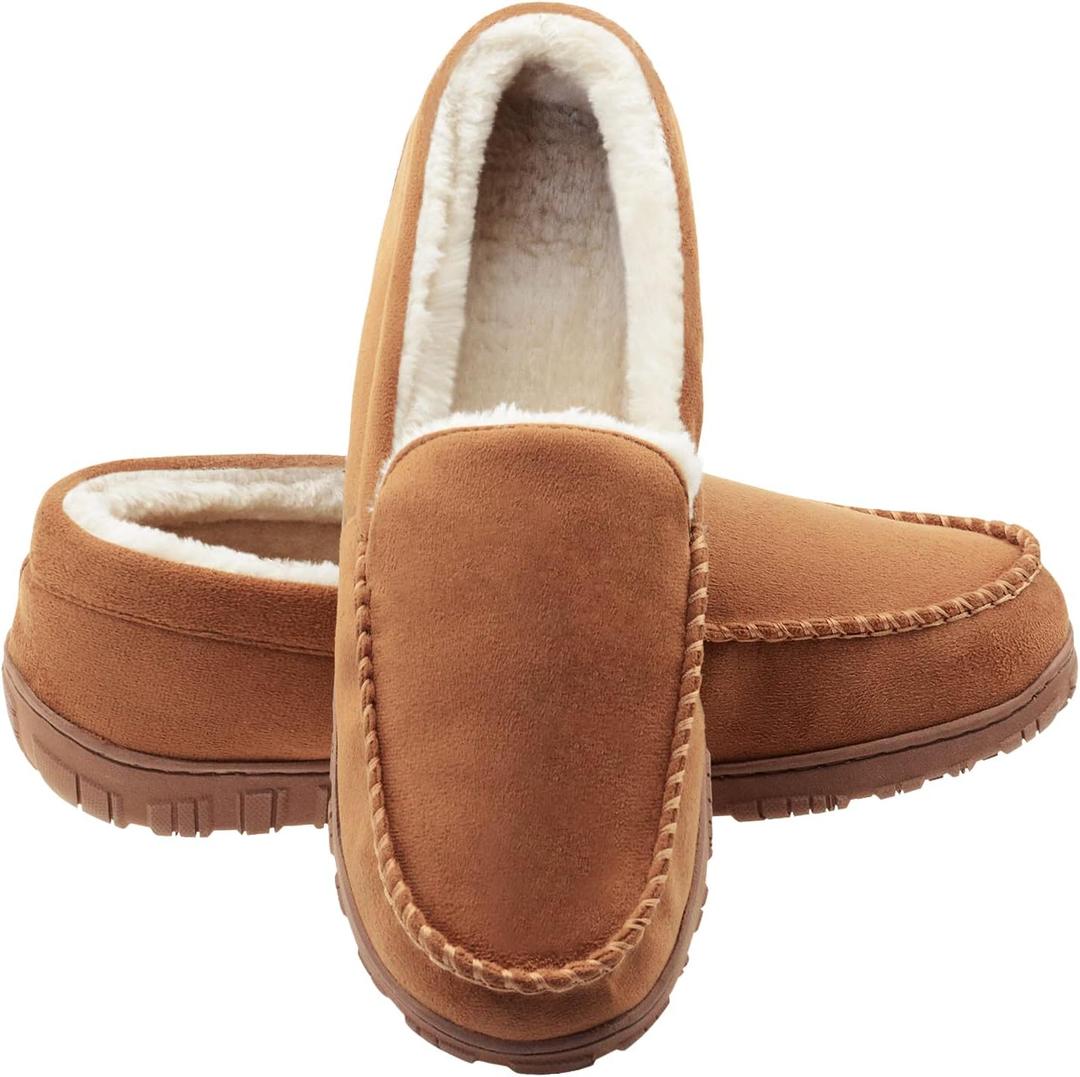 Lulex Moccasins for Men House Slippers Indoor Outdoor Plush Mens Bedroom Shoes with Hard Sole (11, Beige)