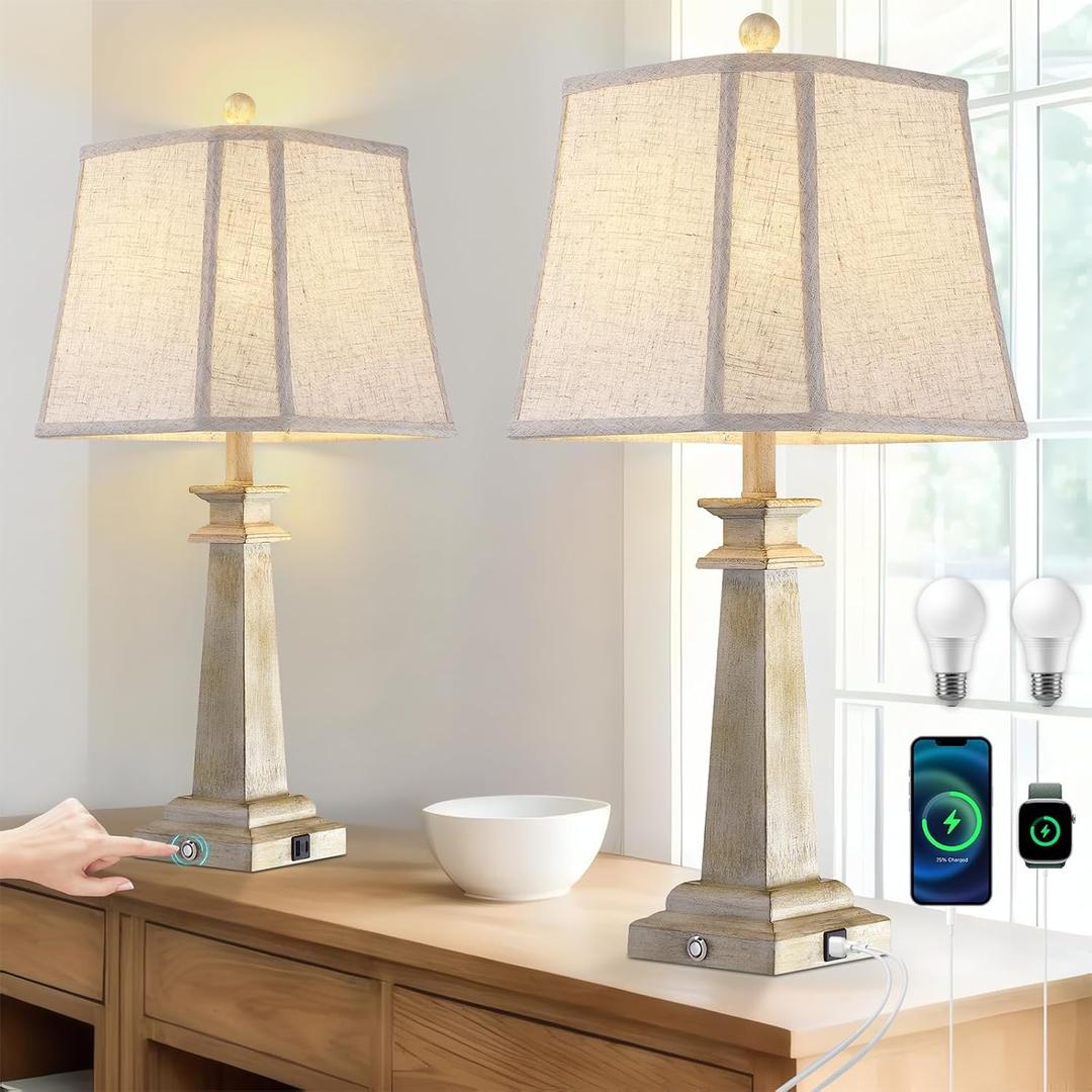 27.5" Table Lamps Set of 2, 3-Way Dimmable Touch Lamps for Nightstand, Farmhouse Table Lamp for Living Room and Bedroom with USB A+C Charging Ports, Bulbs Included (Antique White)