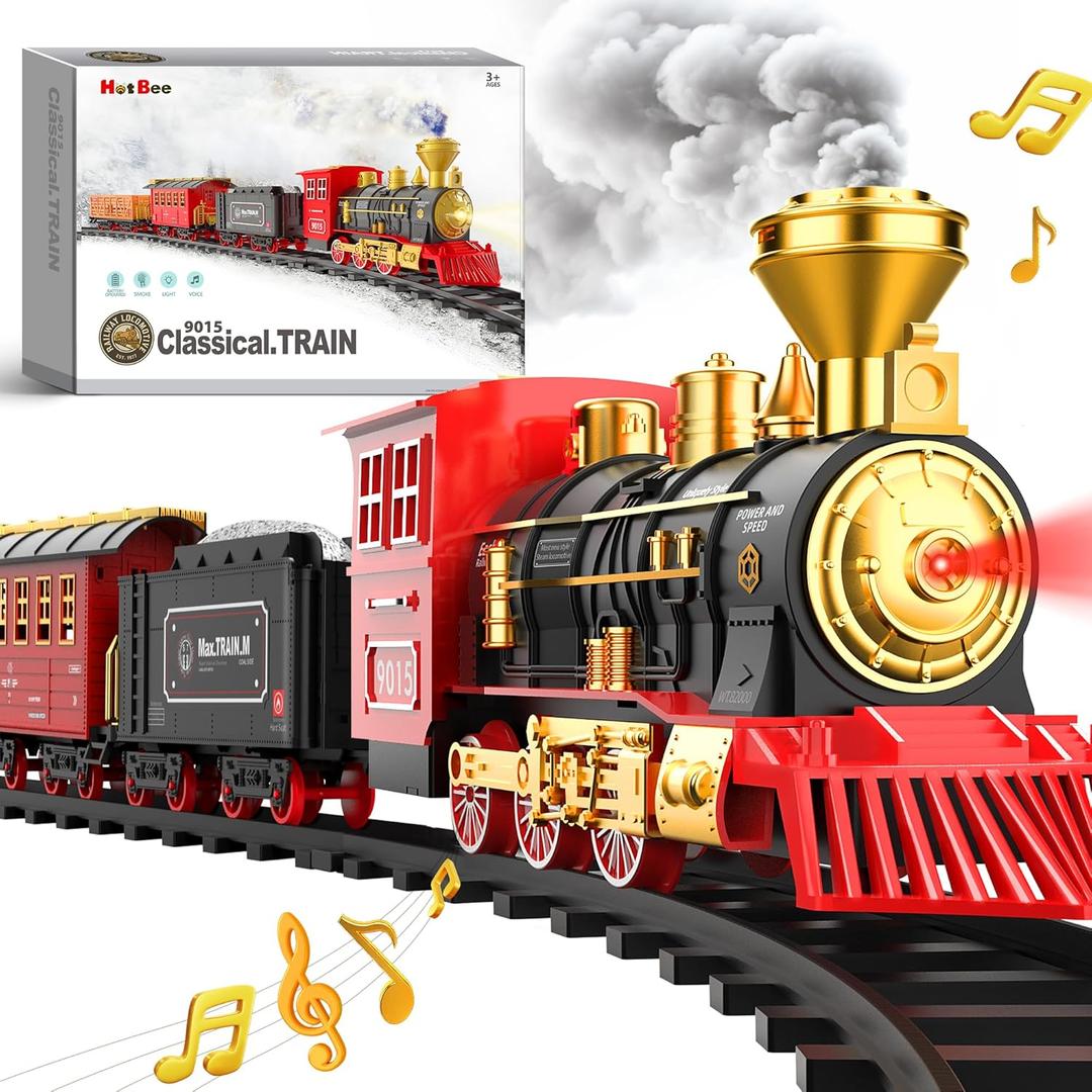 Hot Bee Train Set - Train Toys for Boys with Smokes, Lights and Sound, Toy Train Set for Under Christmas Tree, Toddler Model Trains for 3 4 5 6 7 8+ Years Old Kids Christmas Toys Gifts