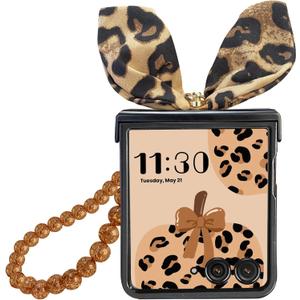 For Galaxy Z Flip 7 Case with Hinge Cover & Ring & Chain, Leopard Print Design Cute Z Flip 7 Phone Case for Women, Shock Absorbing Elegant PU Leather Phone Case for Samsung Galaxy Z Flip 7