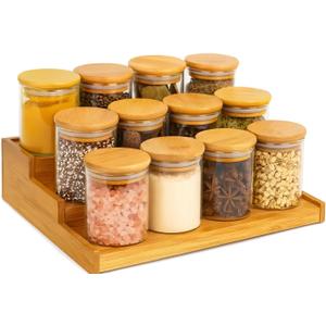 OrdiZen Home - Bamboo Spice Rack Organizer with 10 Glass Jars - Premium Kitchen Cabinet & Countertop Complete Set - Eco-Friendly & Gift-Ready