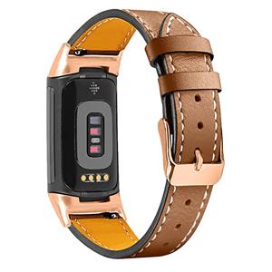 Mtozon Leather Bands Compatible with Fitbit Charge 6/Charge 5, Replacement Genuine Leather Straps for Women Men, Brown