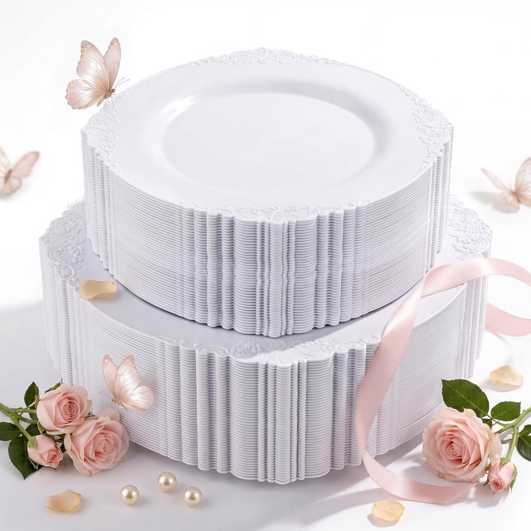 Morejoy 100PCS White Plastic Plates，White Disposable Plates，Include 50 Pieces 10.25 Inch Dinner Plates & 50Pieces 7.5 Inch Dessert Plates,Perfect for Weddings & Party