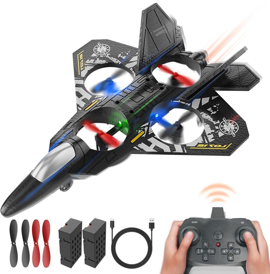 BEZGAR Drones for Kids | 2.4GHZ RC Plane, Remote Control Airplane, RC Helicopter, 360° Flip Fighter Jet Toy with Colorful LED Navigation Light Gray 