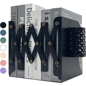 Kingsmile Book Ends, Adjustable Bookends for Shelves, Metal Bookends for Heavy Books, Book Stopper Organzier with Pen Holder for Desk, Kids Room, Office, Classroom, Library, Study Room.(Black)