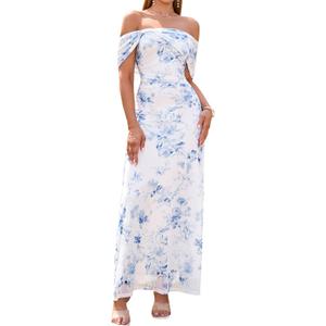 KUTUMAI Women Off Shoulder Summer Floral Maxi Long Wedding Guest Dress (White, XS)