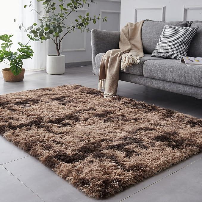 TABAYON Luxury 6x9 Modern Indoor Home Living Room Area Rugs, AntiSkid Soft Fluffy Shag Fur Bedroom Rugs for Kids Playroom Decor TieDyed Coffee
