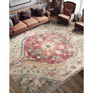 9x12 Rug, Washable Vintage Boho Carpet, Non Slip Low Pile Water Repellent Soft Print Pattern Indoor Rug for Living Room & Bedroom, Beige Rose Red Pink
