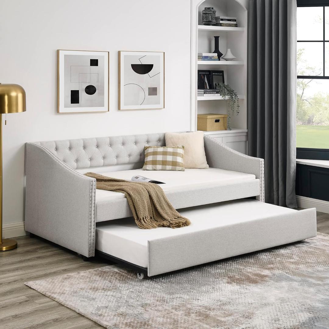 Twin Size Upholstered Daybed with Trundle,Button Tufted Sofa Bed with Nailhead Trim for Small Space,Bedroom,Livingroom,Guest Room, No Spring Box Need,Beige
