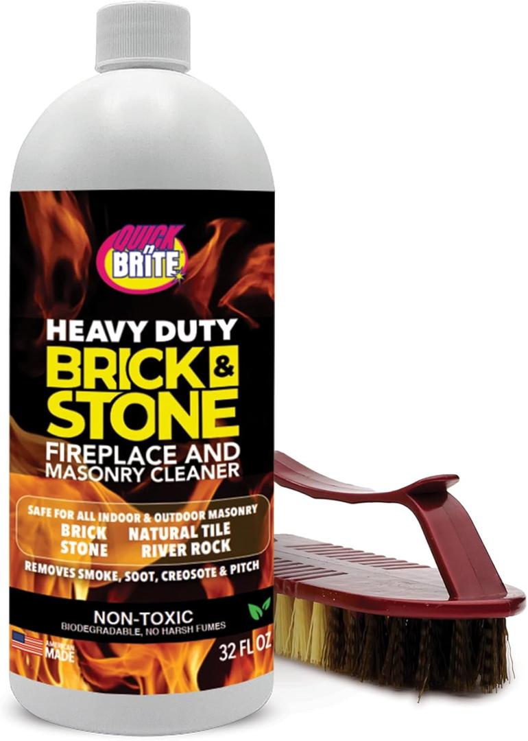 Quick'n Brite Fireplace Brick and Stone Cleaner 32oz with Scrub Brush - Natural Stone, Tile, and Marble Cleaner - Indoor Fireplace and Wood Stove Cleaning Kit - Pellet Stove Creosote Remover