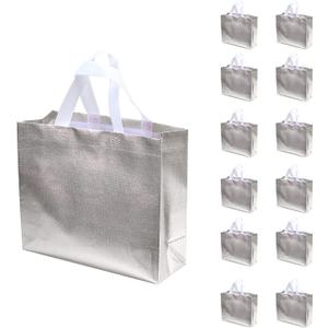 Set of 12 Glossy Reusable Grocery Bags Reusable Bags with Handles Bachelorette Gift Bag Non-Woven Bridesmaid Bag for Women Birthday Wedding Party Mother's Day Christmas Silver