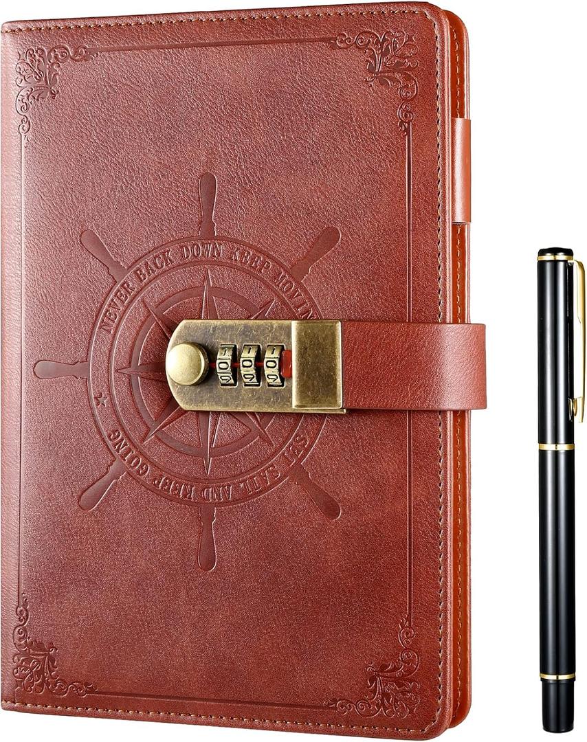 Kesote Diary with Lock, Refillable Journal with Lock Diary Organizer with Pen, Vintage Faux Leather A5 College Ruled Lined Pages Locking Journal Notebook (Brown)