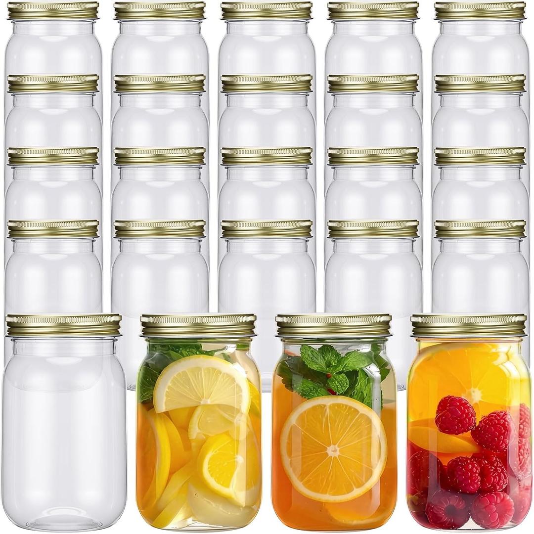Gerrii 24 Pcs 16 oz Clear Plastic Mason Jars with Lids Refillable Mason Cocktail Cup Empty Canning Overnight Oats Container Plastic Candy Storage Jars Containers for Honey Spices Herbs (Gold)