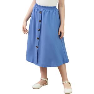 GORLYA Girls A-Line Elastic High Waist Pleated Swing Maxi Skirt with Pockets for 4-14T (Blue)