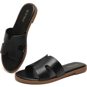 Womens Flat Sandals Dressy Summer Slides Comfortable Casual Open Toe Vacation Sandals Slip On Slides Leather Sandals for Women, Size: 10