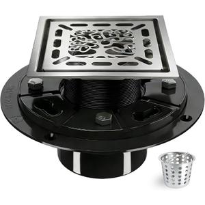 4 Inch Shower Drain, Square Shower Floor Drain Kit with Flange and Removable Cover Grate, AISI 304 Stainless Steel, Brushed Nickel