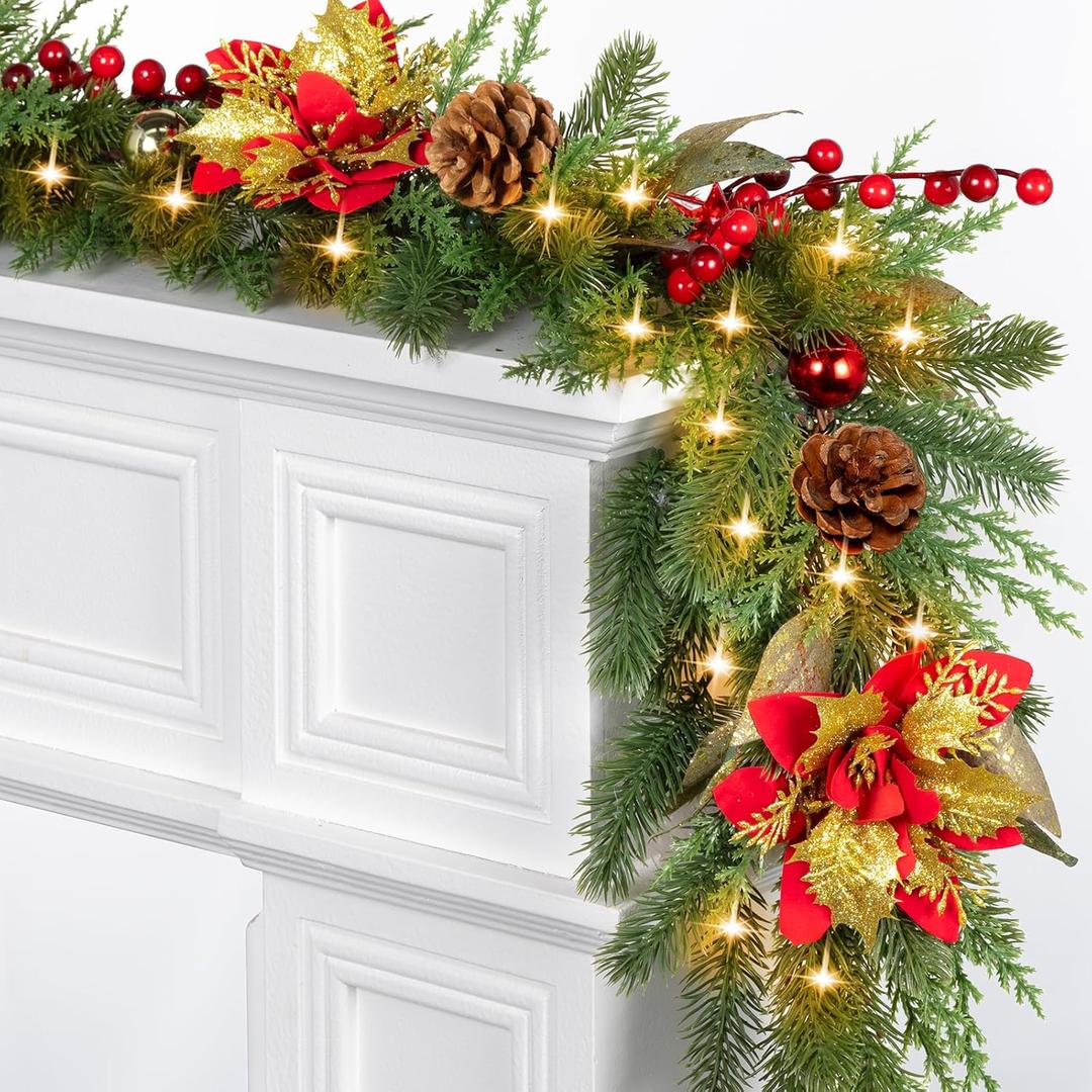 6.5 FT Christmas Garland with Lights & Timer, 20 LED Pre-lit Lighted Garland with Red Berry & Flower, Battery Operated Greenery Pine Cypress Garland Realistic for Fireplace Mantle Door Stairs Table