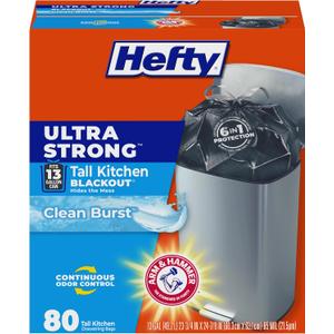 Hefty Ultra Strong 13 Gallon Trash Bags, Black Tall Kitchen Trash Bags 13 Gallon Size, Break Resistant Drawstring Enclosure, Continuous Odor Control, Blackout, Clean Burst Scent, 80 Bags