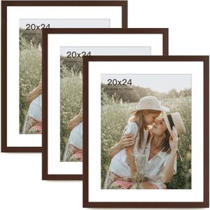 Momentworth 20x24 Picture Frame with Mat for 16x20 Set of 3, Dark Brown Wood Grain 20x24 Frame for Wall Mounting (3 Pack, Walnut)