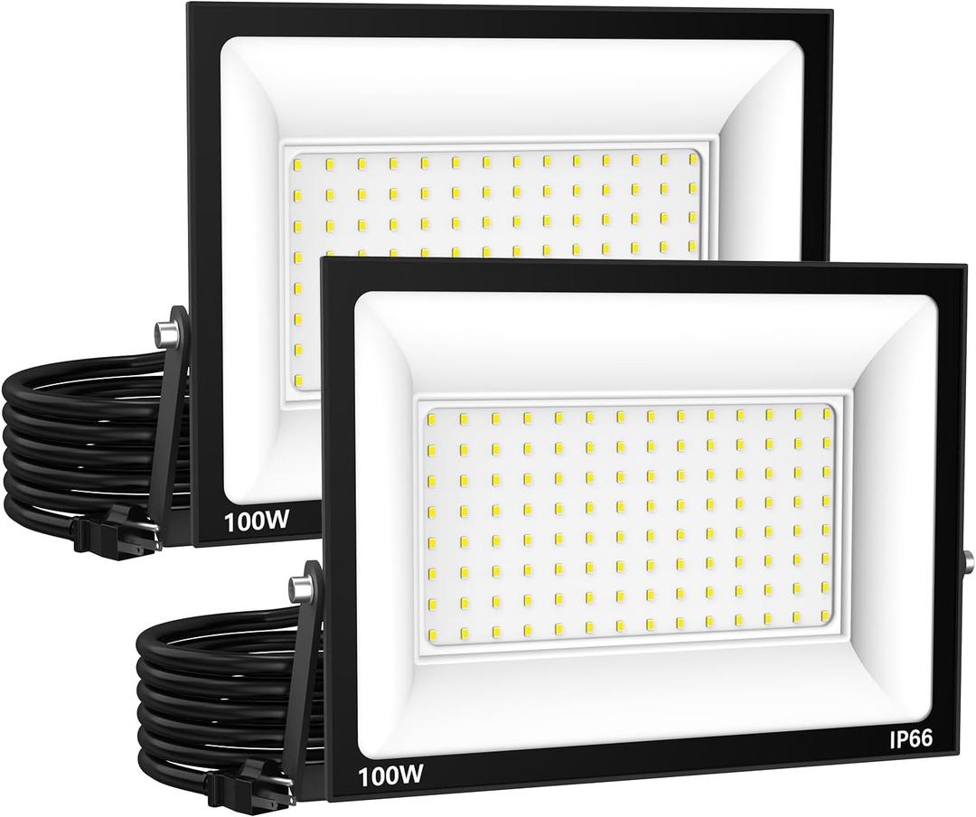 Zelvia LED Flood Lights Outdoor for Yard Work -100W 10000lm Super Bright LED Work Light with US Plug,6500K Daylight White Floodlight,IP66 Waterproof Security Outside Lights for Garage Stadium -2 Pack