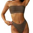 ZAFUL Women Strapless Textured Bandeau Bikini 2 Piece Swimwear Cheeky Solid Lace up Bathing Suits M