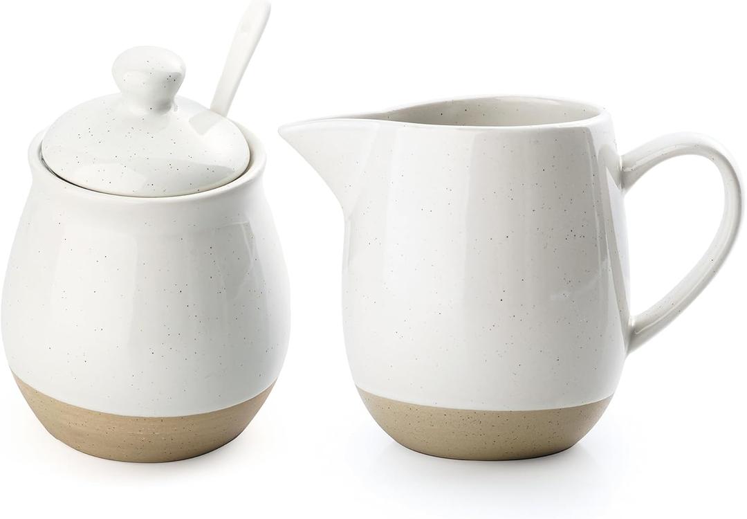 famiware Milkyway Ceramic Sugar and Creamer Set, 10oz Sugar Bowl & 13oz Creamer Set  Stoneware Milk Pitcher & Sugar Dispenser for Coffee Bar, Kitchen, or Countertop, Coffee Serving Set, White