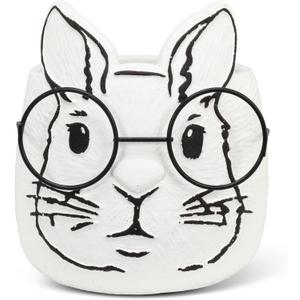 Abbott Collection Large Bunny Planter with Glasses - Cement/Metal, White/Black (5" H)