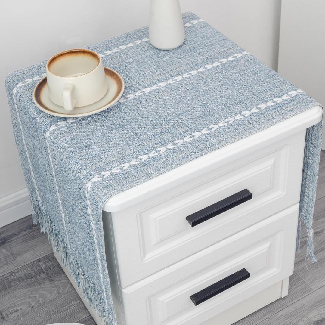 Farmhouse Rustic Blue Table Runner with Tassels Boho Linen Style Braided Striped Table Runners 36 Inches Long for Holiday Party Wedding Dresser and Nightstand Decorations 15x36 Inches