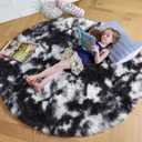Amdrebio Black White Grey Round Rug 4Ft Circle Area Rugs for Bedroom Living Room, Fluffy Fuzzy Shaggy Furry Rugs for Kids Room Dorm Home Office, Shag Plush Floor Modern Cool Carpet for Men Teen Boys